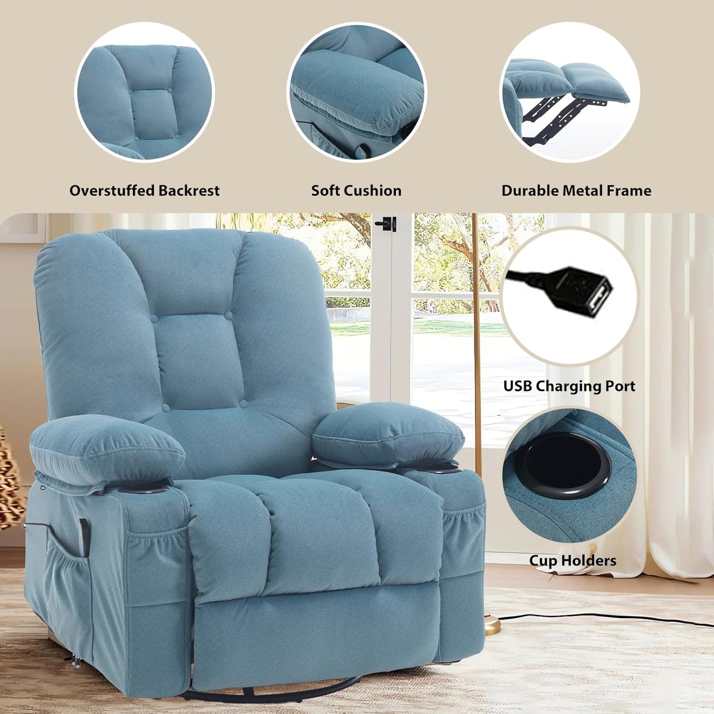 Rocker Recliner Chair with Massage and Heat, Oversized Rocking Nursery Recliners Overstuffed Swivel Glider with Cup Holder, Fabric Manual Single Sofa for Living Room, Beige