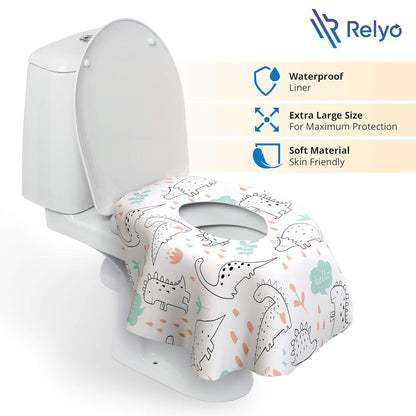 Relyo Disposable Toilet Seat Cover for Travel – 20 Pack with Covers Wrapped in Sets of 2, Non-Flushable Liners, Fits Most Seats – Kids, Toddlers, Adults (Dinosaurs, 20)