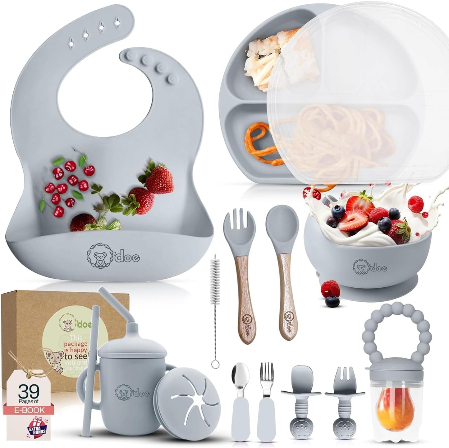 O'doe 17-Piece BPA-Free Silicone Baby Feeding Set | Thick & Soft Suction Plates, Baby Bowls, Wooden Fork & Spoon, and More | Make Mealtime Fun and Easy for Your Little One (Purple, V2)