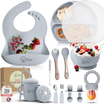 O'doe 17-Piece BPA-Free Silicone Baby Feeding Set | Thick & Soft Suction Plates, Baby Bowls, Wooden Fork & Spoon, and More | Make Mealtime Fun and Easy for Your Little One (Purple, V2)