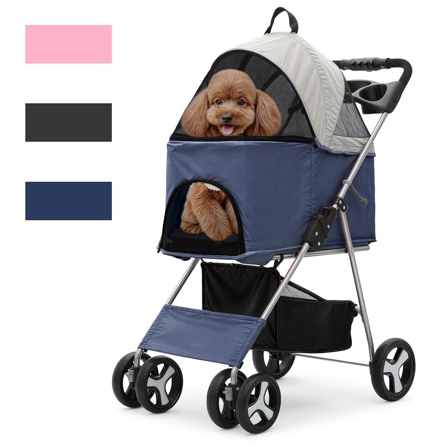 Magshion Compact Pet Stroller for Small-Medium Dogs/Cats up to 22lbs, 4-Wheel Lightweight Umbrella Shaped Portable Puppy Travel Jogger with Breathable Mesh, Cup Holder & Rear Storage, Black