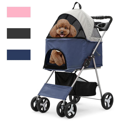 Magshion Compact Pet Stroller for Small-Medium Dogs/Cats up to 22lbs, 4-Wheel Lightweight Umbrella Shaped Portable Puppy Travel Jogger with Breathable Mesh, Cup Holder & Rear Storage, Black