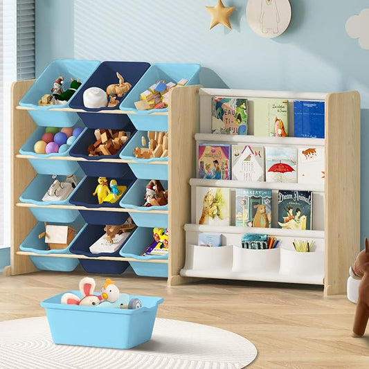 EXPERLAM Kids Toy Storage Organizer - Toy Storage with Bookshelf, Toy Organizer with 12 Blue Bins and 4 Book Shelves, Toy Organizers and Storage for Playroom, Nursery, Kids Room, Burlywood