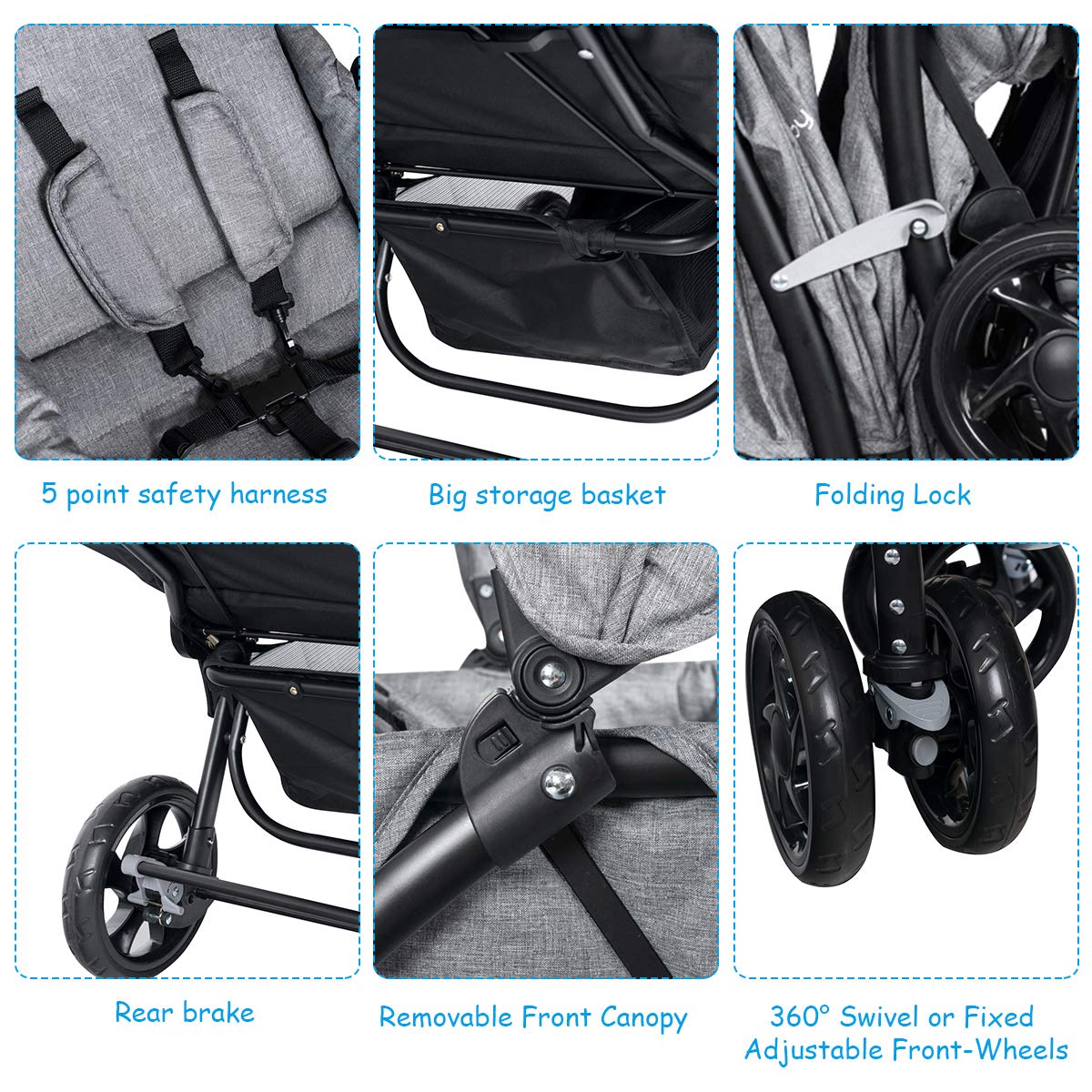 BABY JOY Double Stroller, Foldable Lightweight Twin Stroller with Tandem Seating, Adjustable Backrest/Canopy/Footrest, 5-Point Harness, Storage Basket, Newborn and Toddler (Black)