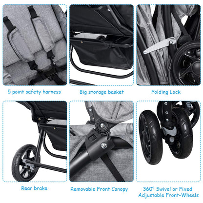 BABY JOY Double Stroller, Foldable Lightweight Twin Stroller with Tandem Seating, Adjustable Backrest/Canopy/Footrest, 5-Point Harness, Storage Basket, Newborn and Toddler (Black)