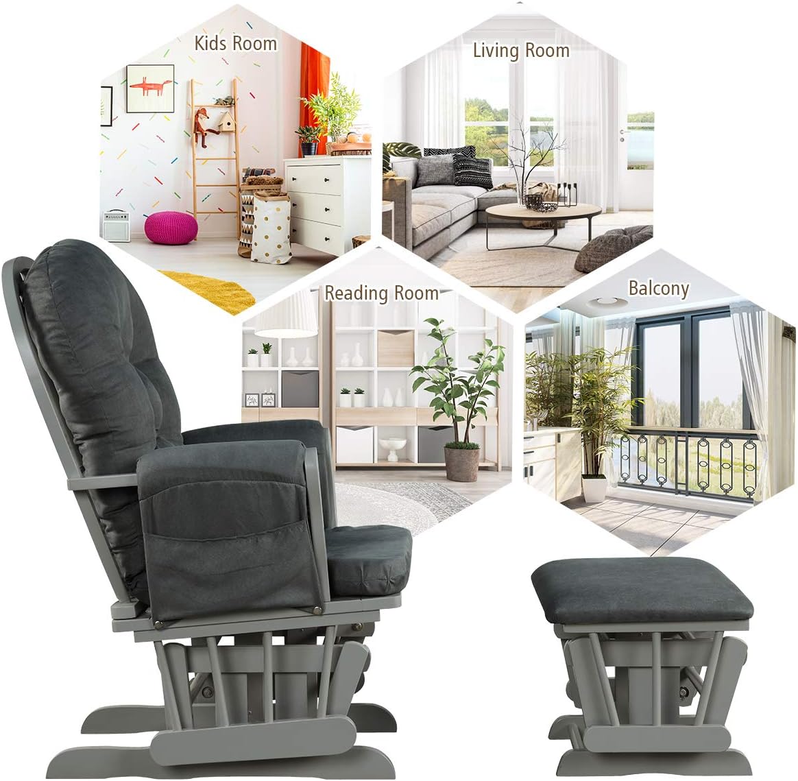 Costzon Nursery Glider with Ottoman, Upholstered Comfort Glider Rocker with Padded Cushion, Storage Pocket, Solid Wood Base, Rocking Chair Nursery for Breastfeeding, Napping (Light Gray)