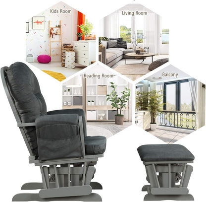 Costzon Nursery Glider with Ottoman, Upholstered Comfort Glider Rocker with Padded Cushion, Storage Pocket, Solid Wood Base, Rocking Chair Nursery for Breastfeeding, Napping (Light Gray)