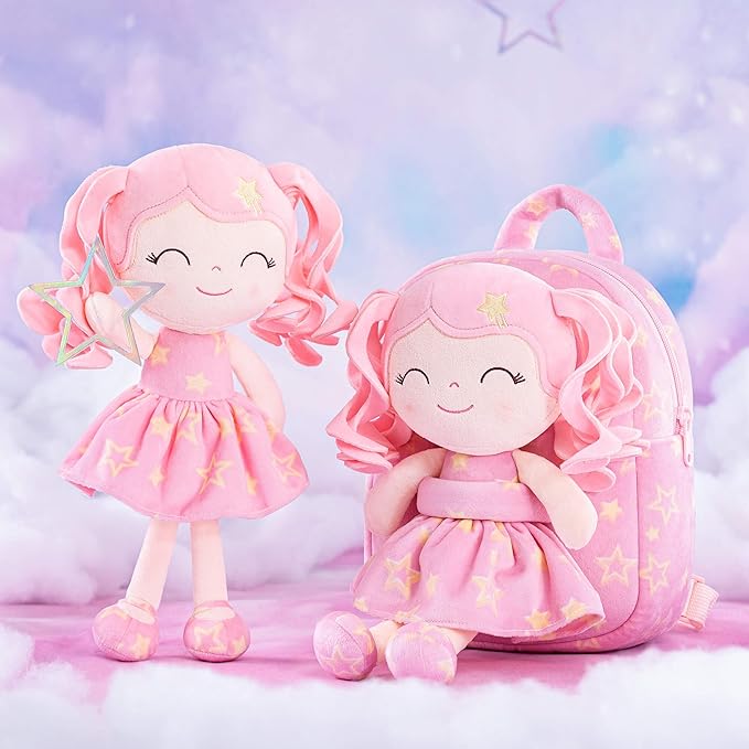Gloveleya Toddler Backpack Baby Girl Gifts Curly Hair Plush Figures Dress Backpack Kids Backpack Curly Hair Spring Girl - Pink Head Pink Star 9inches