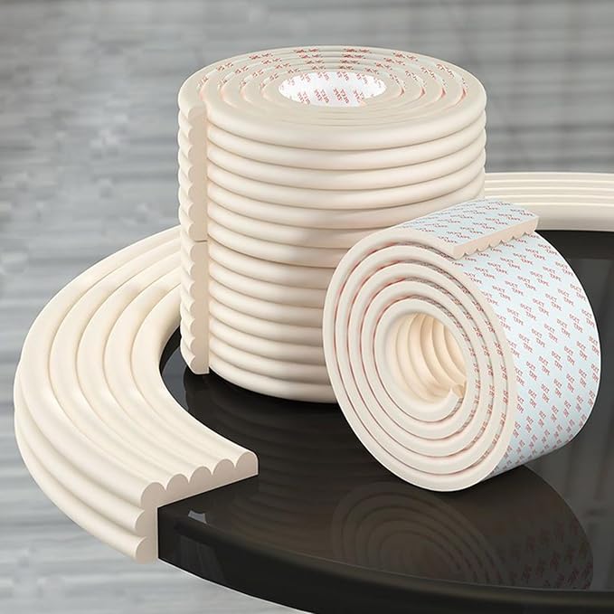 Edge Protector for Baby Proofing, Corner Protector Baby, Desk Edge Cushion, Extra-Wide Soft Foam Padding Self Adhesive Furniture Corner Guard Bumper for Table, Fireplace 16.4ft Rice White
