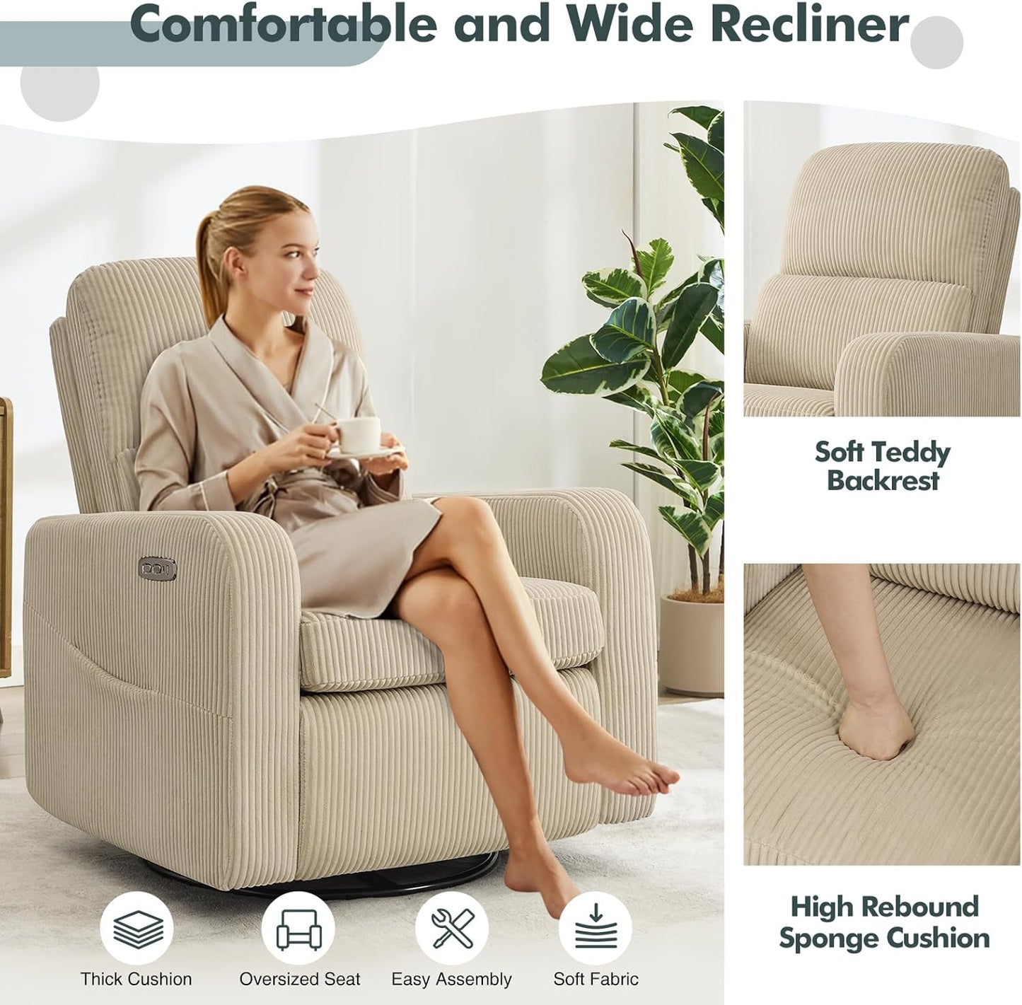 Swivel Rocker Recliner, Oversized Boucle Glider Recliner Nursery, Manual Swivel Rocking Reclining Chairs with Removable Cushion and Lumbar Support for Nursery Living Room Bedroom, Teddy White