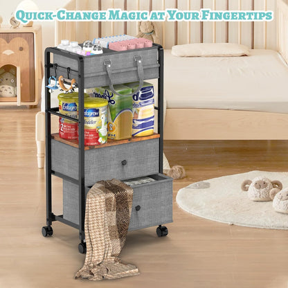 2IN1 Baby Diaper Caddy Organizer & 4-Tier Rolling Cart, Bedside Cart for Baby Essentials Nursery With Drawers, Metal Mobile Diaper Caddy Cart with Wheels, Storage Basket with Dividers for Baby Shower