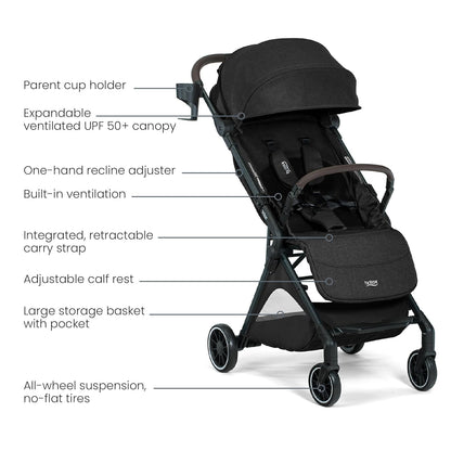Britax Juniper Compact On-The-Go Stroller, Effortless Fastpack System with One-Hand RapidFold, Portable & Lightweight for Travel, Built-in Carry Handle, Ventilating Fabrics, Raven Black