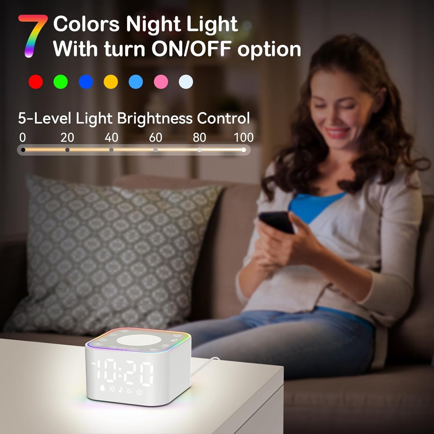 Sound Machine with Alarm Clock: 30 Non-Looping Sleep Sounds - White Noise Alarm Clock for Natural Wake Up - Adjustable Volume & Light, Memory Function, Sleep Timer (Black)