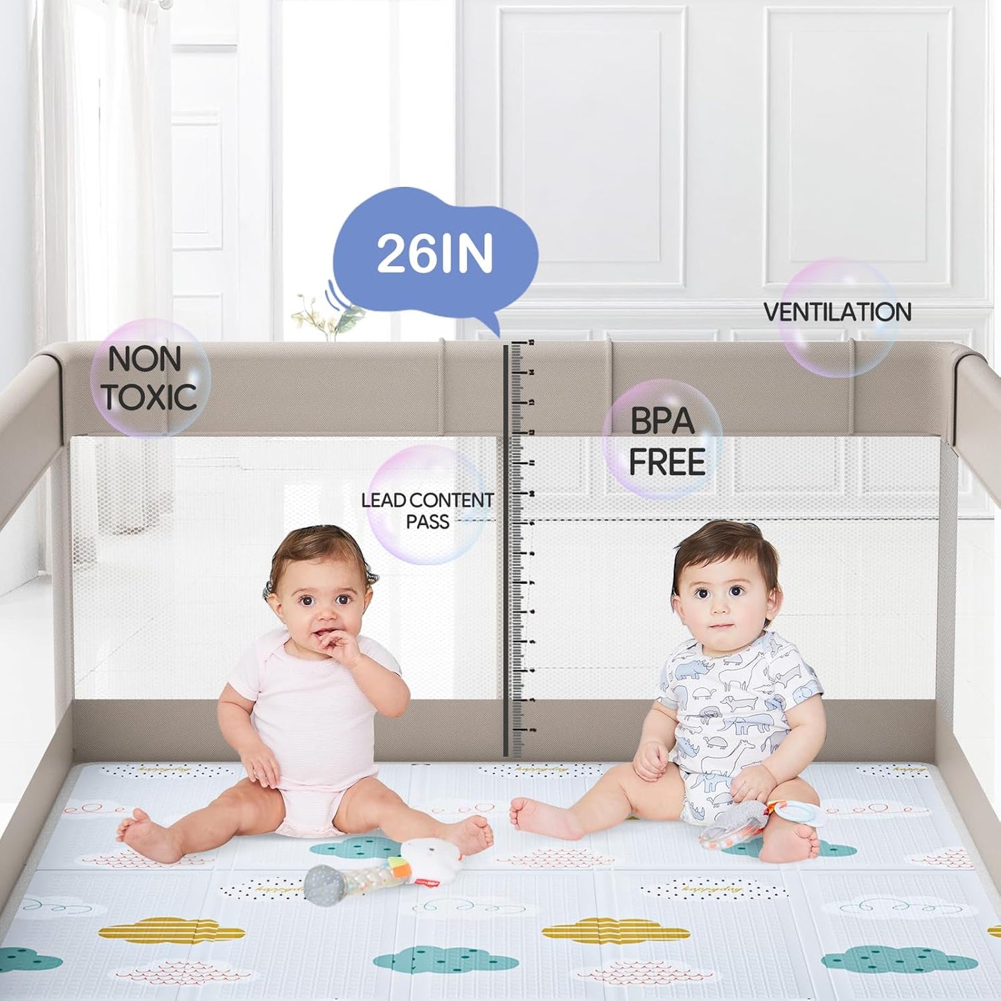 Fodoss Baby Playpen 50×50in, Small Play Pen for Babies and Toddlers, Playpen for Apartment, Play Yard, Activity Fence, Baby Playard with All-Side Mesh, Pull Rings
