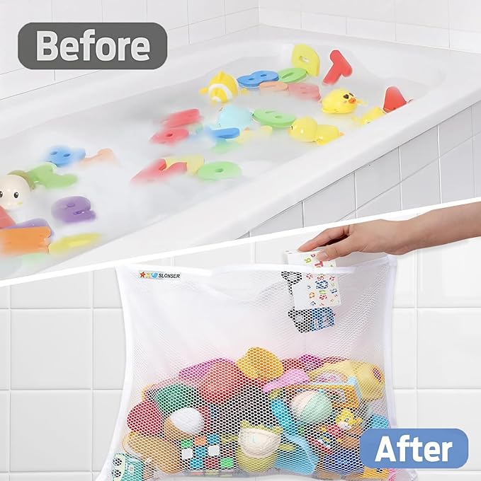 Bath Toy Net for Tub – Large Bath Toy Storage, Mesh Bath Toy Holder for Bathtub, Quick Dry Bathroom Bag for Kids Shower, Hanging Basket Organizer with Strong 6 Suction Cups 4 Adhesive Hooks, 2 Pack