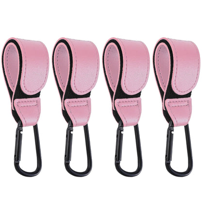 4 Pcs Leather Stroller Hook, Mommy Stroller Clip, Stroller Accessories Organizer Hook, Metal Hook for Strollers/Walkers/Mobility Scooter/Wheelchair/Rollator(Pink)