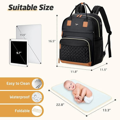 Diaper Bag Backpack - Extra Large Diaper Backpack for 2 Kids Twin, Travel Baby Bags for Mom Dad 25-37L Expandable with Changing Pad, Quilted Pure Black