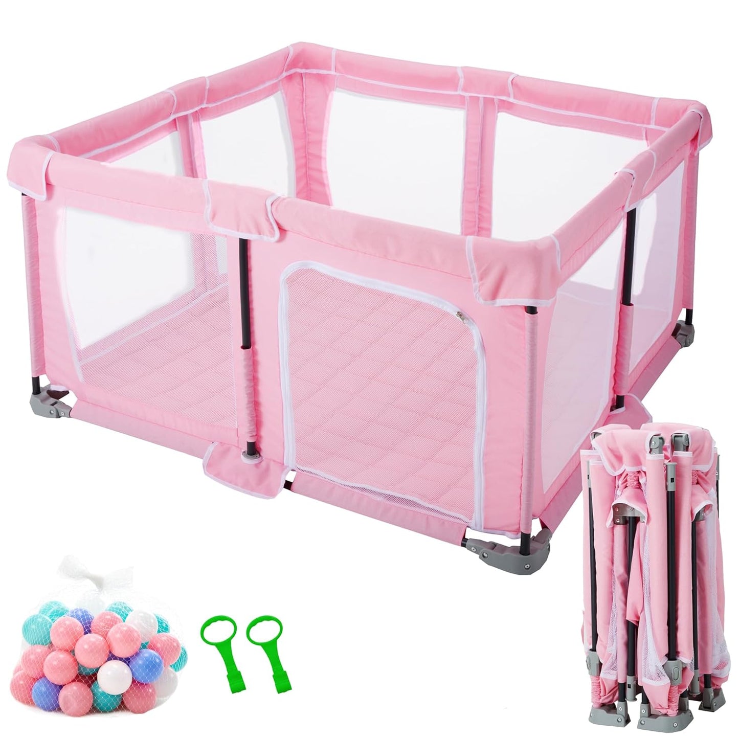 Foldable Baby Playpen,PlayPens for Babies and Toddlers，Indoor Outdoor Safety Play Area, Portable Child Activity Large Collapsible Play Yard，Folding Fence (Cationic Fabric-Grey, 50"x50")