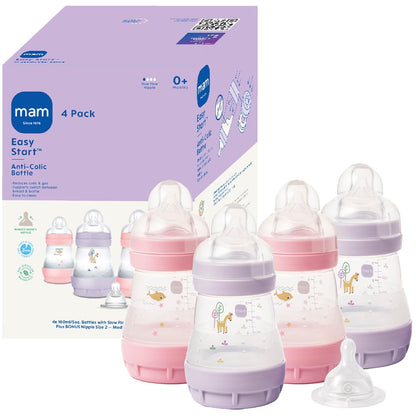 MAM 4.5oz Easy Start Anti-Colic Wide Neck Vented Baby Bottle, Extra Slow Flow Breastfeeding-Like Silicone Nipple, Reduces Colic, Gas & Reflux, Easy to Clean, BPA Free, 0+ Months, Made in Europe