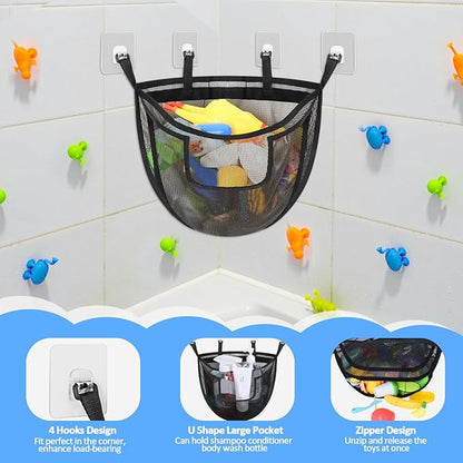 Bath Toy Storage, Corner Bath Tub Toy Storage Holder with Bottom Zipper, Quick Release Bath Toy Organizer with Large Pocket, Mesh Shower Toy Holder Basket Net Bin for Bathtub Toys - Black