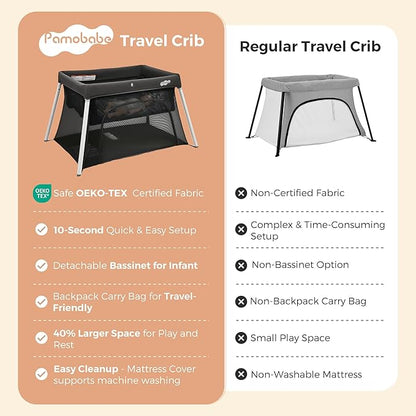 Pamo Babe Travel Crib with Bassinet, Certified Baby Safe Portable Crib, Extra Large Portable Playpen with Mattress & Zipper Door, Lightweight Foldable Pack and Play Baby Travel Bed - Grey