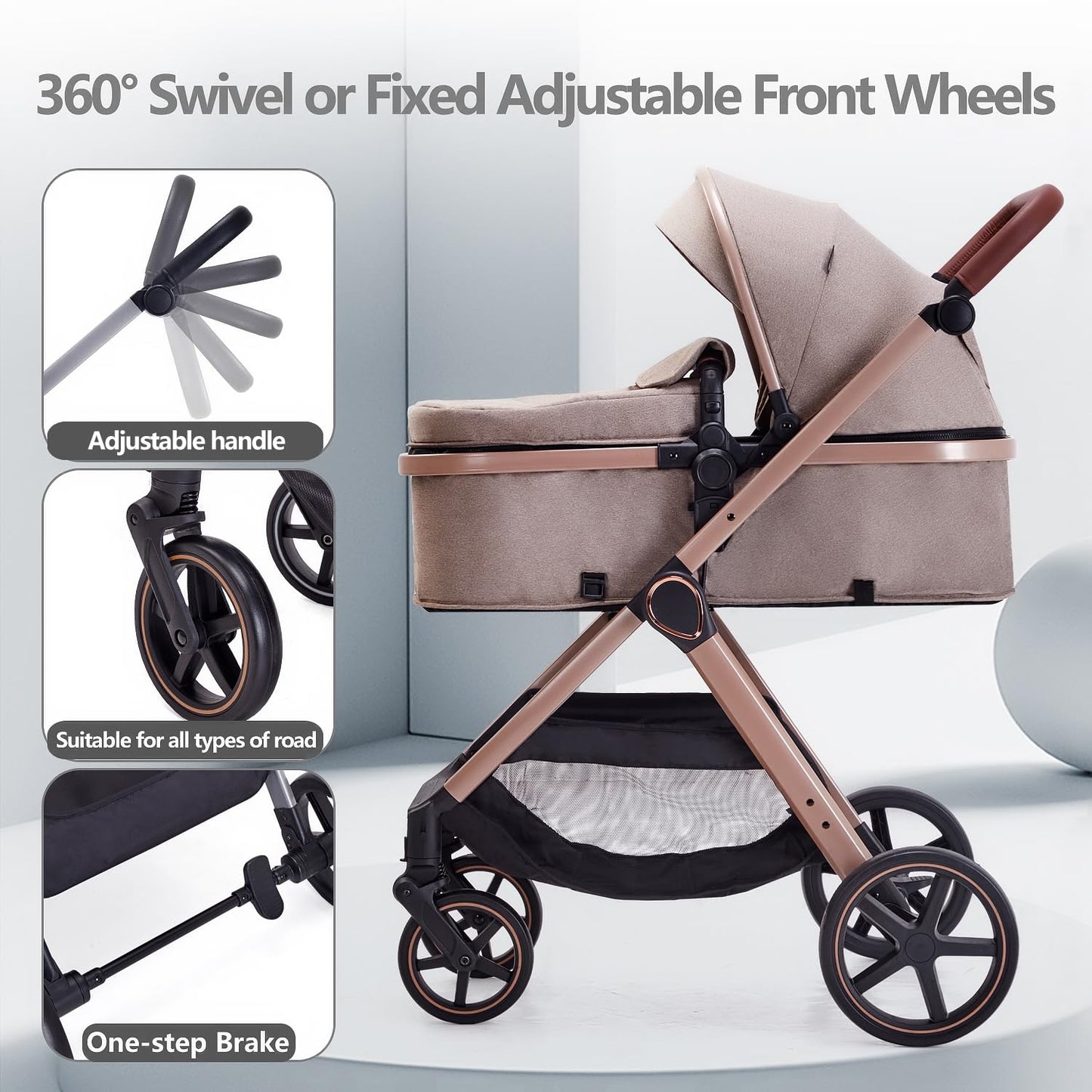 Lortsybab 2 in 1 Baby Stroller, Newborn Infant Toddler Convertible Pram Stroller for 0-36 Months Old Babies (Grey)