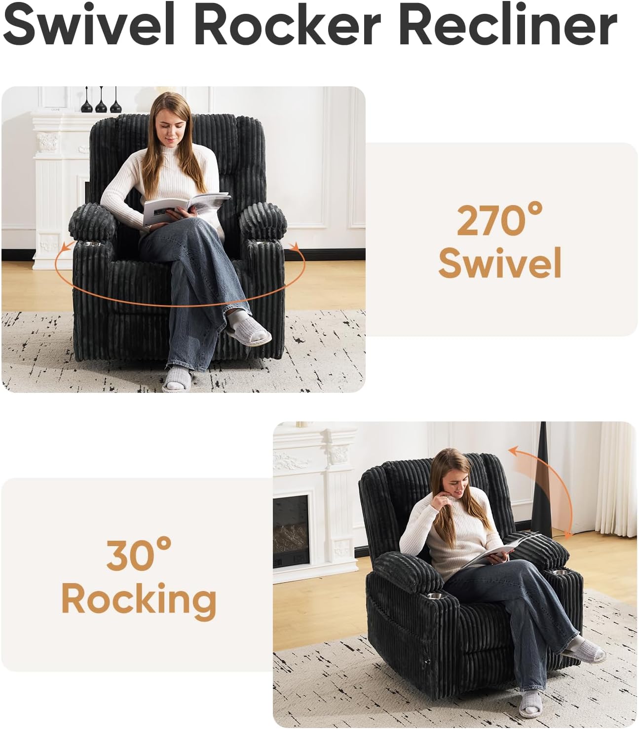 Oversized Power Recliner Chair with Massage and Heat, Swivel Rocker Recliner Chair for Adults with Arm Storage, Nursery Glider Recliner with Adjustable Headrest and Phone Stand, Side Pockets, Beige