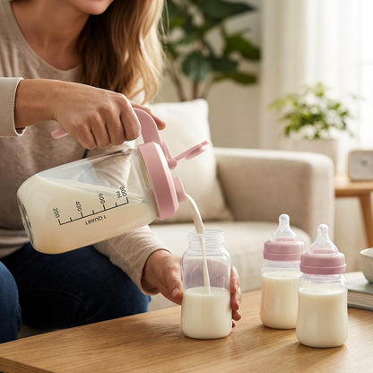 Breast Milk Pitcher 32 OZ, Heat & Cold Resistant, Sudden Temperature Safe, Fast Baby Formula Maker with Wide Mouth, No Leak Borosilicate Glass Fridge Storage Container for Juice, Cold Brew-Pink