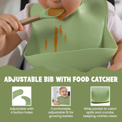 Baby Feeding Essentials, Baby Led Weaning Supplies, Silicone Baby Feeding Set, with Baby Spoon, Fork, Baby Bib, Sippy Cup, Suction Plate, Suction Bowl, Baby Eating Essentials, 6+ Months (Beige)