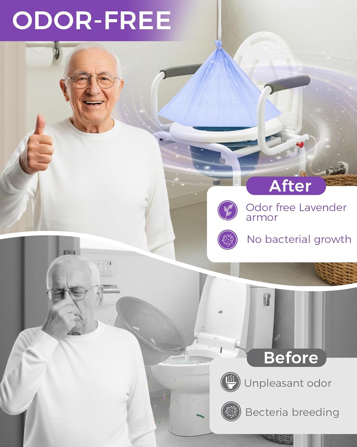 30 Pcs Bedside Commode Liners with Absorbent Pads, Tear-Free Leak-Proof Lavender Scented Commode Liners and Pads, Odor-Free Portable Toilet Liners & Potty Chair Bags for Disposable Adult, Bedpan