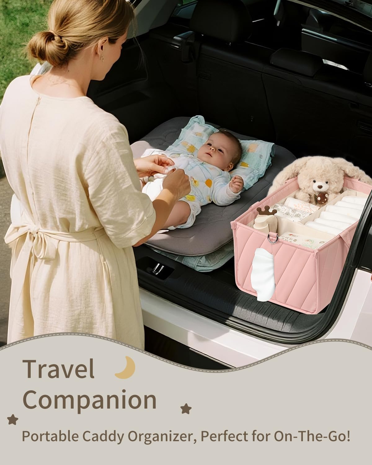 Baby Boy Essentials Diaper Caddy Organizer – Portable Storage Basket with Shoulder Strap & Stroller Hooks, Splashproof Quilted Nursery & Car Tote, Baby Gifts for Baby Shower, Classic Blue