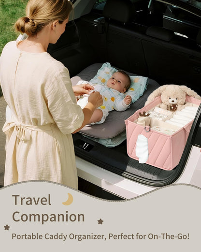 Baby Boy Essentials Diaper Caddy Organizer – Portable Storage Basket with Shoulder Strap & Stroller Hooks, Splashproof Quilted Nursery & Car Tote, Baby Gifts for Baby Shower, Classic Blue