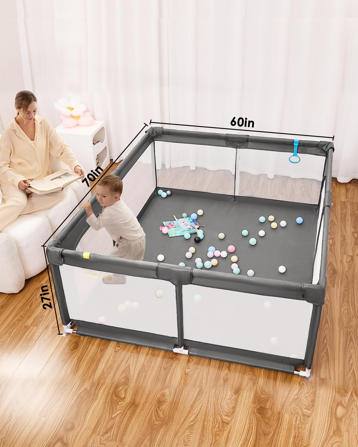 Baby Playpen with Mat, 71" x 59" Extra Large Play Yard for Babies and Toddlers, Baby Fence with Soft Thick Play Mat, Indoor Safety Activity Center for Infants, Easy to Assemble and Clean（Gray）