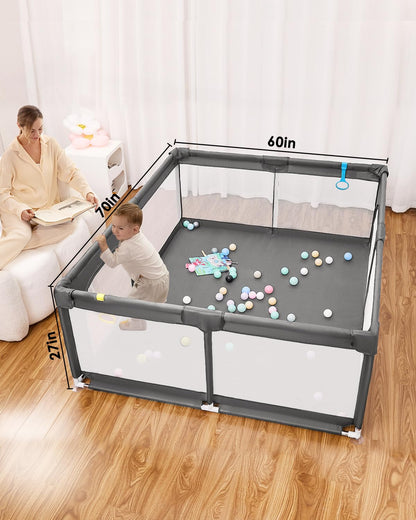 Baby Playpen with Mat, 71" x 59" Extra Large Play Yard for Babies and Toddlers, Baby Fence with Soft Thick Play Mat, Indoor Safety Activity Center for Infants, Easy to Assemble and Clean（Gray）