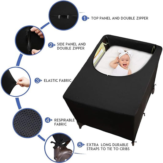 Dofilachy Blackout Cover for Pack N Play - Crib Blackout Cover Tent - Canopy Cover - Breathable Travel Crib Tent - Portable Stretchy Blackout Tent (Black)