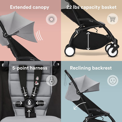 Stokke YOYO3 Stroller from 6 Months - Includes Black Frame, Seat Cushion & Canopy - Folds in & Out in a Flash - Light & Compact - Carry-On Compatible