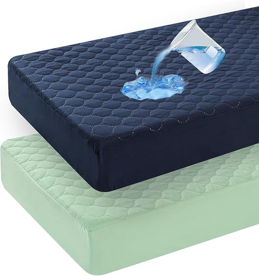 david's kids 2 Pack 52''x28'' Waterproof Crib Mattress Protector Pad Cover Stretch up to 8", Fitted Standard Crib and Toddler Mattresses, Soft and Breathable for Boys Girls, Navy Blue & Sage Green
