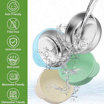 BUSOHA 3 Pack Stainless Steel Baby Bowls with Lid – 2-in-1 Toddler Feeding Bowl Heat-Resistant Spill-Proof Plate Suction Bowls for Kids Baby Toddler Food Feeding