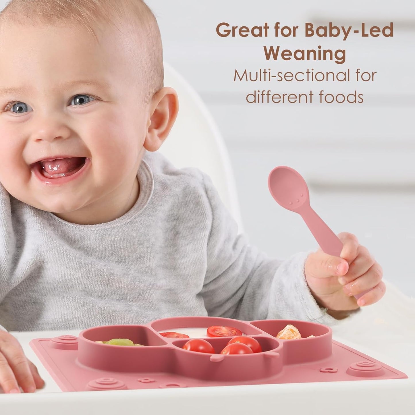 ROCCED Suction Plates for Baby Placemat Spoon Fork Set for Toddlers, Silicone Baby Plates with Suction Baby Dishes for Kids Plates-pale mauve