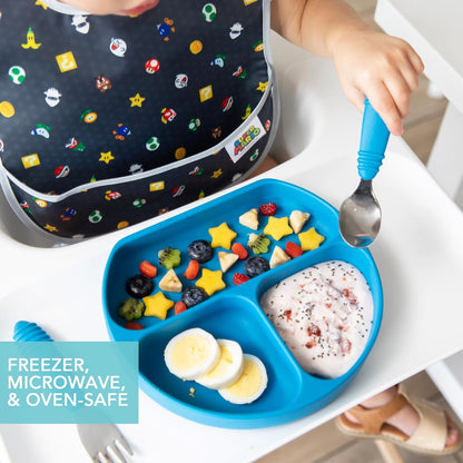 Bumkins Toddler and Baby Suction Plate, Divided Grip Dish for Babies and Kids, Baby Led Weaning, Feeding Supplies, Sticks to Tables and Highchairs, Platinum Silicone, for Chidren 6 Months, Gray