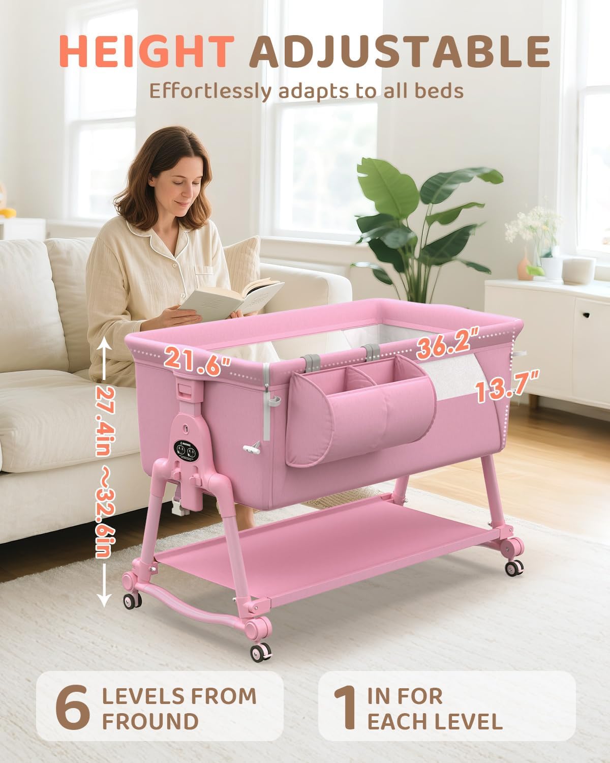 BIERUM Baby Bassinet Bedside Crib - 4 in 1 Bassinet Bedside Sleeper with Wheels, Mattress and Breathable Sides, 7 Height Adjustable, Stable and Secure Crib for Newborns