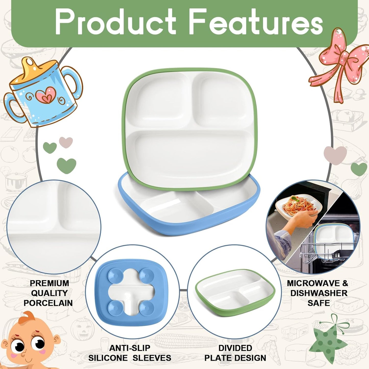Domensi Kids Porcelain Plates with Silicone Sleeves 8.2 Inch Divided Porcelain Plate Toddler White Suction Dishes for Baby Troubleless Eating Microwave Dishwasher Safe(Stylish,3 Set)