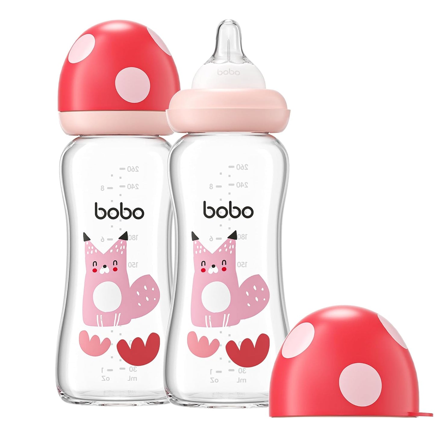 YOHKOH Natural Glass Baby Bottle with Level 1 Slow Flow Nipple, Newborn Anti-Colic Baby Bottles, Wide Neck Mushroom Baby Glass Bottle (Multicolour-A, 3.4oz (Pack of 4))