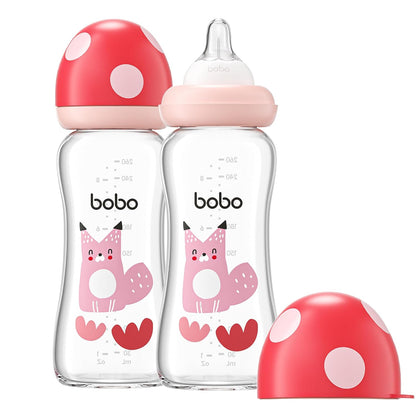 YOHKOH Natural Glass Baby Bottle with Level 1 Slow Flow Nipple, Newborn Anti-Colic Baby Bottles, Wide Neck Mushroom Baby Glass Bottle (Multicolour-A, 3.4oz (Pack of 4))