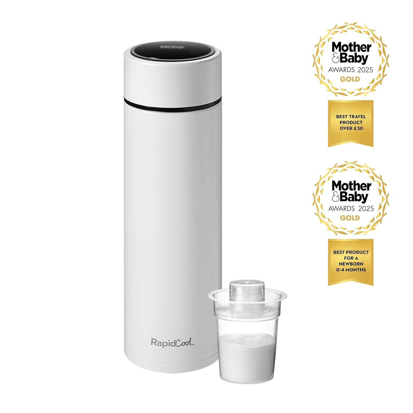 Nuby RapidCool Portable Baby Bottle Maker - with Milk Powder Dispenser and Digital Lid - Ideal for Travel Bottles and Night Feeds - Stainless Steel