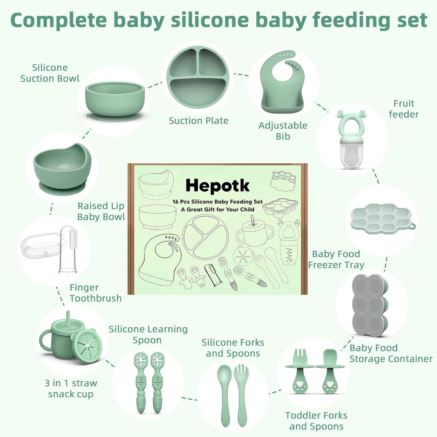 16 Pack Silicone Baby Feeding Set, BPA-Free Baby LED Weaning Supplies, Include Suction Plates, Baby Bowls, Silicone Fork & Spoon, and More, First Stage Baby Food Eating Utensils - 6+ Months(Blue, 16)
