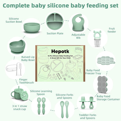 16 Pack Silicone Baby Feeding Set, BPA-Free Baby LED Weaning Supplies, Include Suction Plates, Baby Bowls, Silicone Fork & Spoon, and More, First Stage Baby Food Eating Utensils - 6+ Months(Blue, 16)