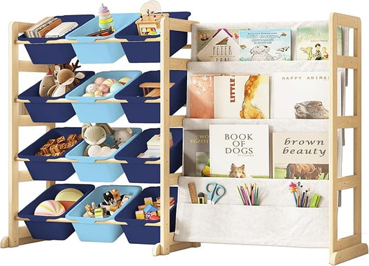 EXPERLAM Toy Storage Organizer with Bookshelf - 12 Storage Bins 4-Tier Multipurpose Shelf to Organize Toys and Books for Kids Room, Playroom, Nursery Room, Blue