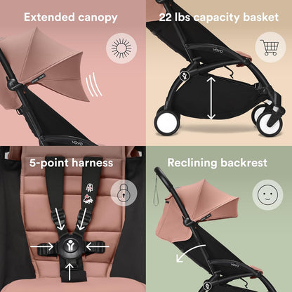 Stokke YOYO3 Stroller from 6 Months - Includes Black Frame, Seat Cushion & Canopy - Folds in & Out in a Flash - Light & Compact - Carry-On Compatible
