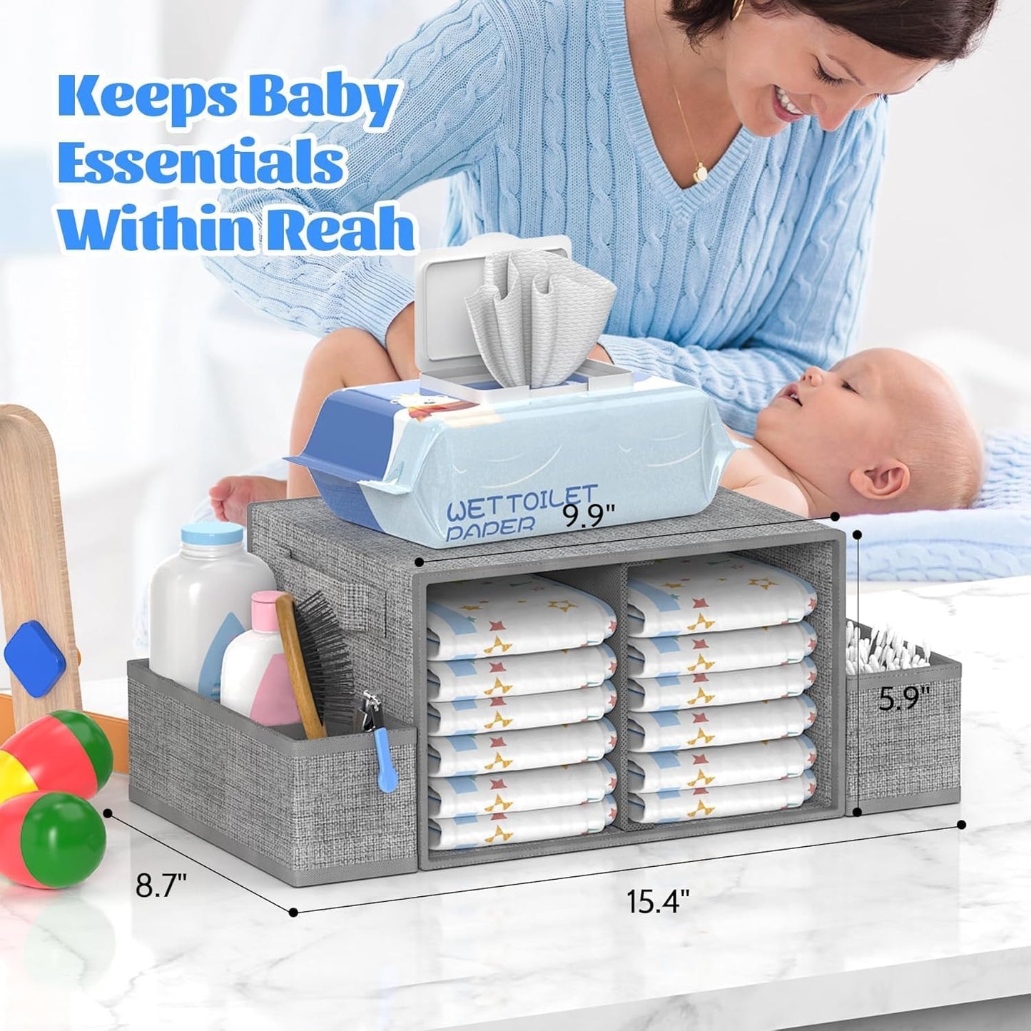 2IN1 Baby Diaper Caddy Organizer & 4-Tier Rolling Cart, Bedside Cart for Baby Essentials Nursery With Drawers, Metal Mobile Diaper Caddy Cart with Wheels, Storage Basket with Dividers for Baby Shower